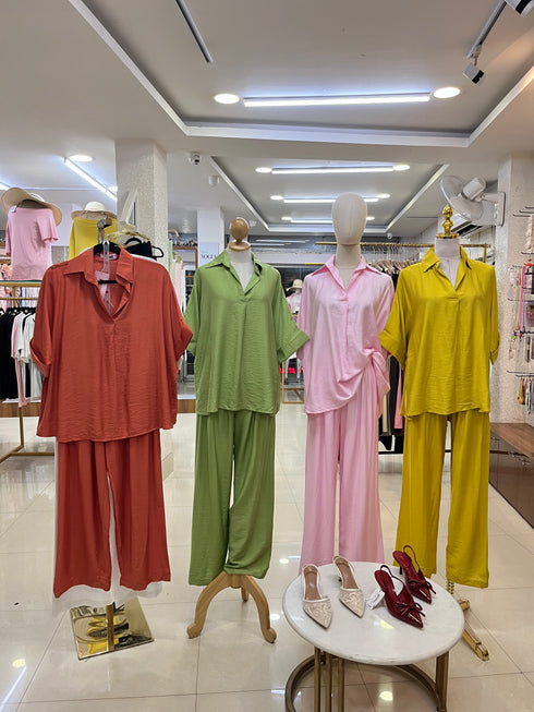 Collar Down Pullover Short Sleeves Shirt With Trousers Sets
